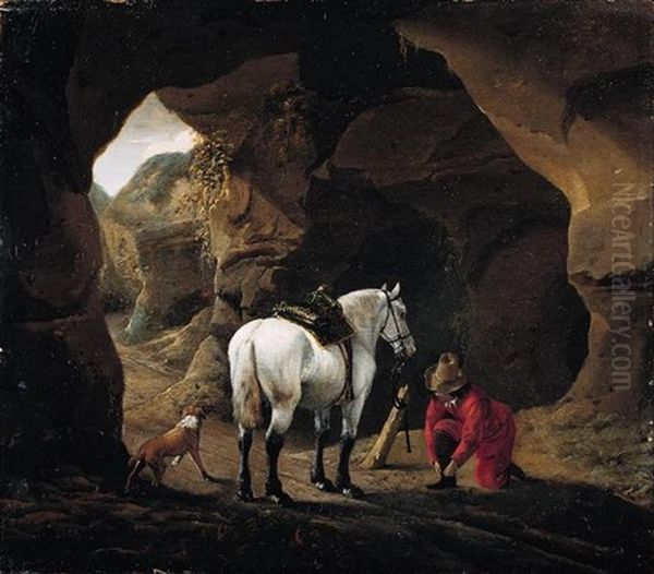 A Man Doing Up The Lace Of His Shoe, With His Grey Horse And Dog, At The Entrace To A Cave by Pieter Cornelius Verbeeck