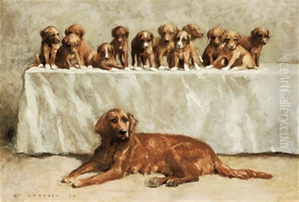 Irish Setter Und Ihre Vielen Welpen Oil Painting by Gustave Verbeek