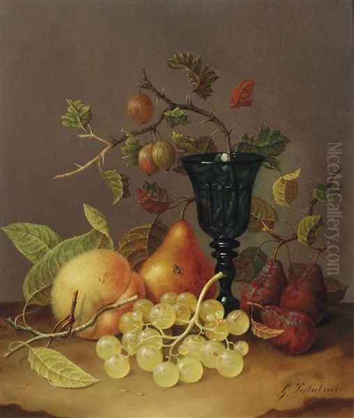 A Peach, White Grapes, A Pear, Gooseberries And A Glass Oil Painting by Gijsberta Verbeet