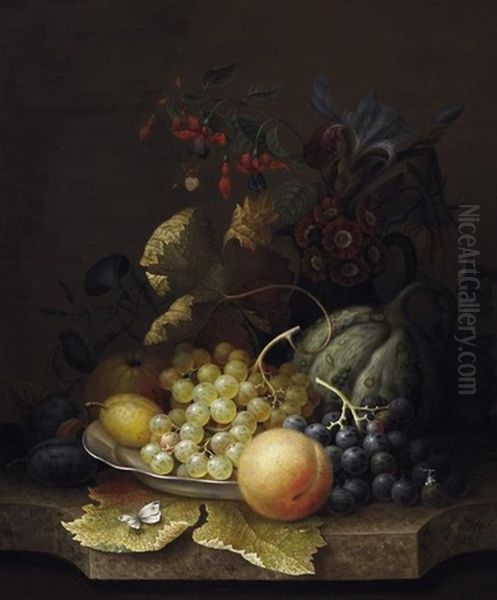 Fruchtestilleben Mit Weintrauben, Pflaumen Und Einem Kurbis In Einer Zinnschale Oil Painting by Gijsberta Verbeet