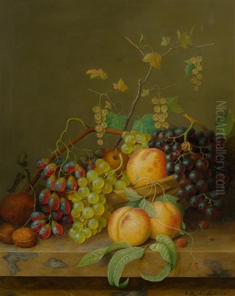 Still Life With Grapes, Peaches And Walnuts On A Marble Slab Oil Painting by Willem Verbeet