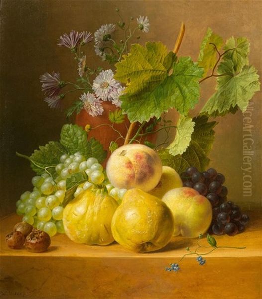 Still Life Of Fruits With Quinces And Peaches On A Stone Plinth Oil Painting by Willem Verbeet