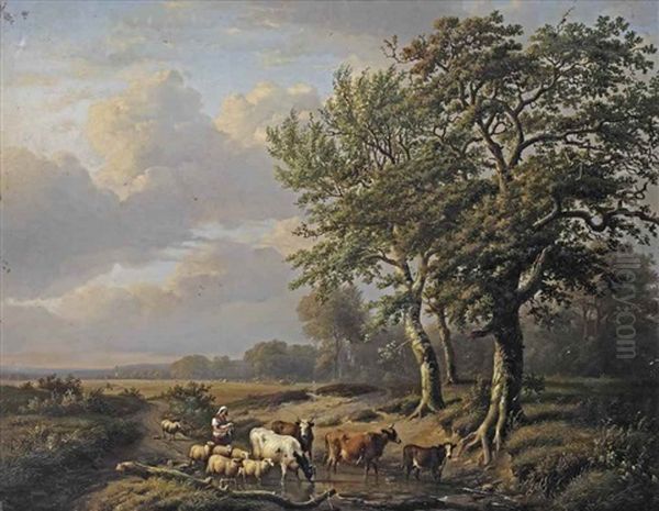 A Landscape With A Shepherdess And Her Flock Resting Near A Stream Oil Painting by Louis-Pierre Verwee and Eugene Joseph Verboeckhoven