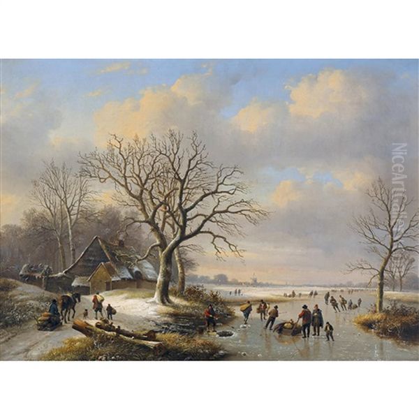 Eisvergnugen Mit Schlittschuhlaufern Und Einem Eisfischer Oil Painting by Louis-Pierre Verwee and Eugene Joseph Verboeckhoven