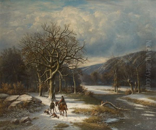 Conversation De Chasseurs Dans Un Paysage Hivernal Oil Painting by Louis-Pierre Verwee and Eugene Joseph Verboeckhoven