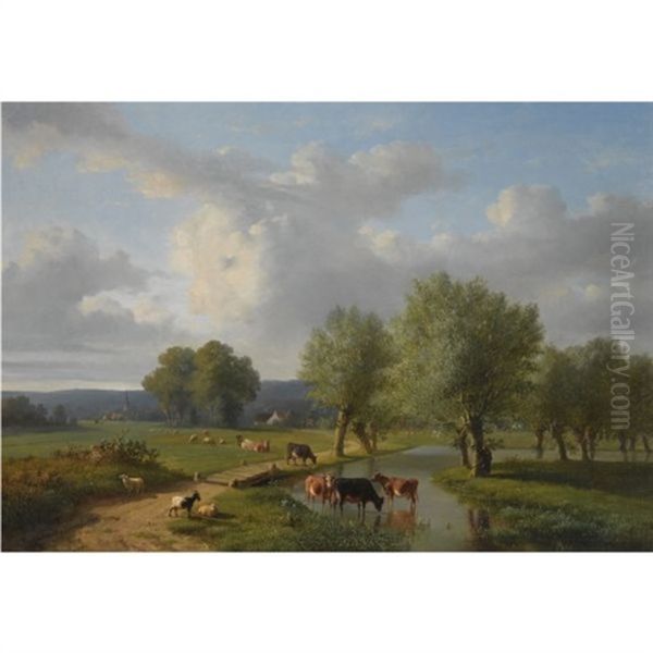 Cattle In A Summer Landscape Oil Painting by Louis-Pierre Verwee and Eugene Joseph Verboeckhoven