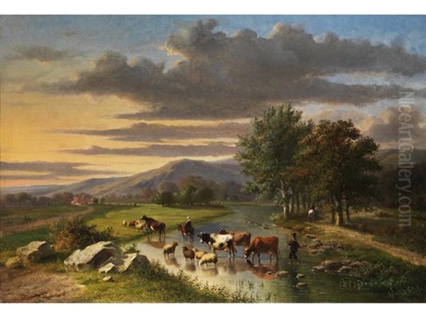 Hirten Mit Heimziehender Rinder- Und Schafherde In Einer Furt Oil Painting by Louis-Pierre Verwee and Eugene Joseph Verboeckhoven