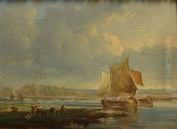 Paysage Fluvial Avec Bateau Et Betail Oil Painting by Louis Verboeckhoven the Younger