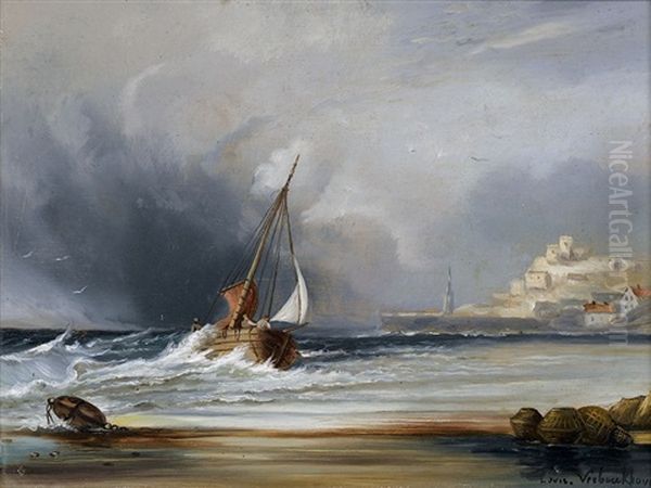 Strandpartie Mit Einem Fischerboot Oil Painting by Louis Verboeckhoven the Younger