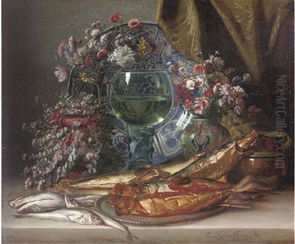 Fish On A Platter, Vases Of Summer Blooms, A Goblet Of Wine Before A Salver And A Drape Oil Painting by Louis Verboeckhoven the Younger