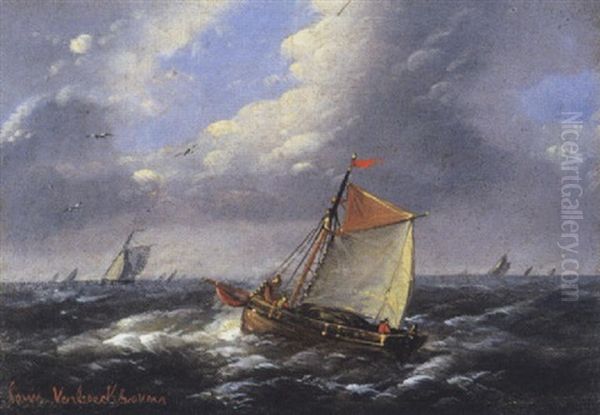 Marine Met Zeilboten Oil Painting by Louis Verboeckhoven the Younger