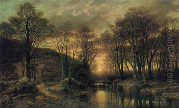 A Wooped River Landscape At Sunset Oil Painting by Louis Verboeckhoven the Younger