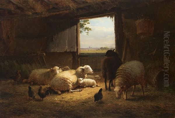 Sheep In A Stable Oil Painting by Eugene Verboeckhoven