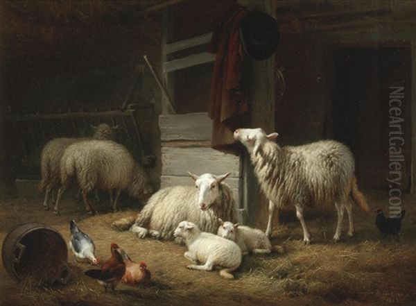 A Barn Interior With Ewes, Lambs And Hens Oil Painting by Eugene Verboeckhoven