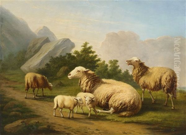 Sheep In A Mountainous Landscape Oil Painting by Eugene Verboeckhoven