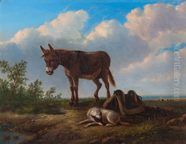 Esel Und Hund Vor Weitem Landschaftshintergrund Oil Painting by Eugene Verboeckhoven