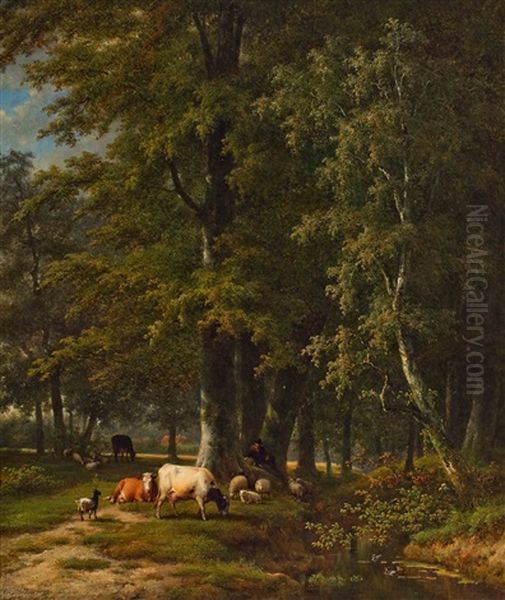 Shepherd With His Flock Resting By A Forest Creek Oil Painting by Eugene Verboeckhoven