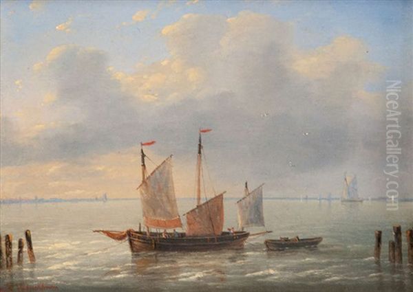 Zeilboot Met Sloep Bij Staketsel Bij Valavond Oil Painting by Louis Charles Verboeckhoven