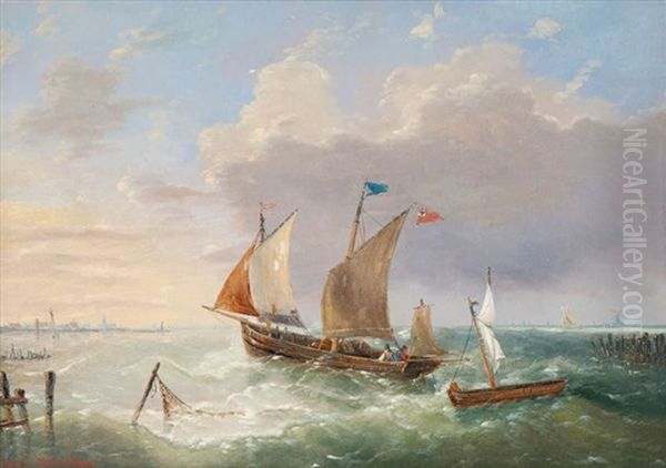 Boten Bij Stormachtig Weer Oil Painting by Louis Charles Verboeckhoven