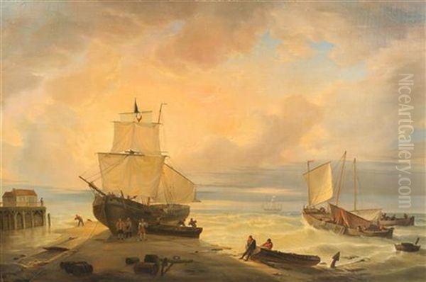 Harbor Scene Oil Painting by Louis Charles Verboeckhoven