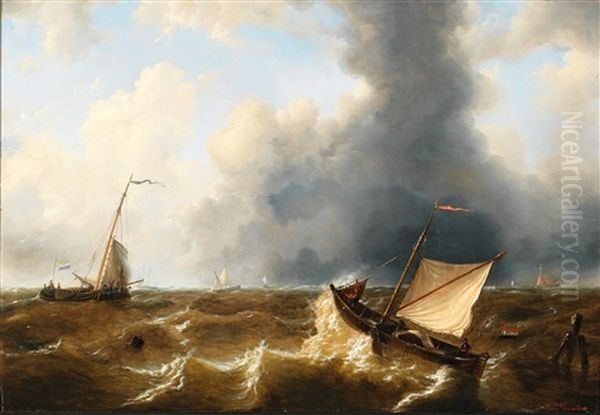 Sailing Boats On Stormy Seas Oil Painting by Louis Charles Verboeckhoven