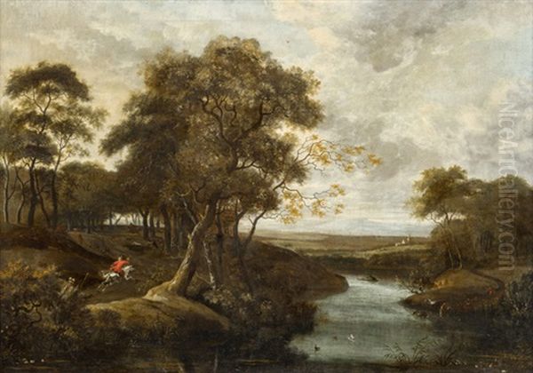 Bewaldete Flusslandschaft Mit Jagdreitern Oil Painting by Adriaen Hendricksz. Verboom