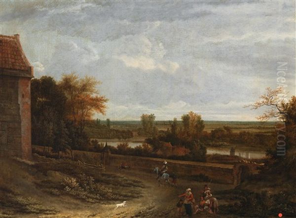 A River Landscape With A Mansion And Figures Oil Painting by Adriaen Hendricksz. Verboom