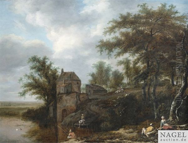 Baumreiche Landschaft Mit Gehoft An Einem Weiher, Im Vordergrund Rastende Und Angler Oil Painting by Adriaen Hendricksz. Verboom