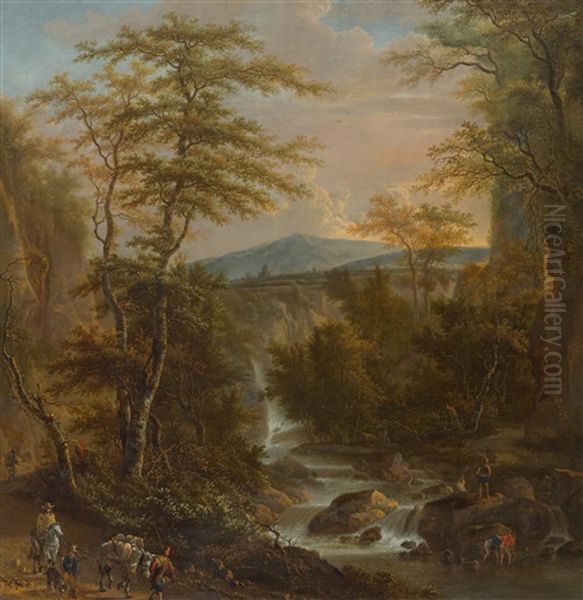 Sudliche Waldlandschaft Mit Wasserfall, Reisenden Und Fischern Oil Painting by Adriaen Hendricksz. Verboom