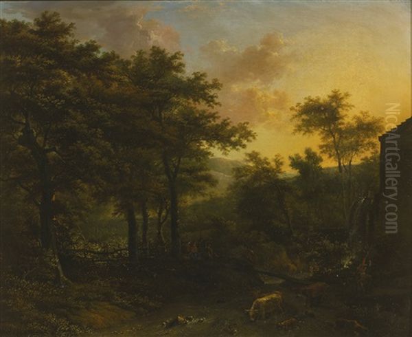 Wooded Landscape With Animals Near A Mill Oil Painting by Adriaen Hendricksz. Verboom