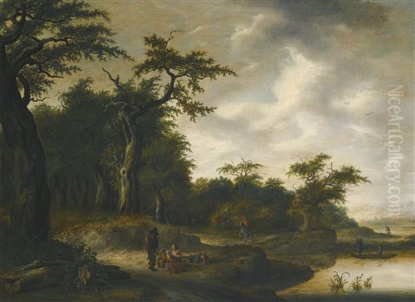 A Wooded Landscape With Travellers On A Road By A River Oil Painting by Adriaen Hendricksz. Verboom