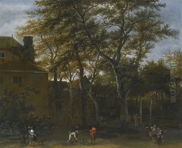 Four Men Playing Skittles In A Garden, With Onlookers Oil Painting by Adriaen Hendricksz. Verboom