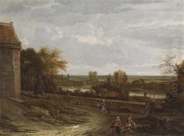 Flusslandschaft Mit Einem Herrenhaus Und Figurlicher Staffage Oil Painting by Adriaen Hendricksz. Verboom