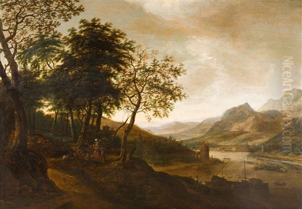 Weite, Hugelige Flusslandschaft Mit Rastenden Unter Machtigen Eichen Oil Painting by Adriaen Hendricksz. Verboom