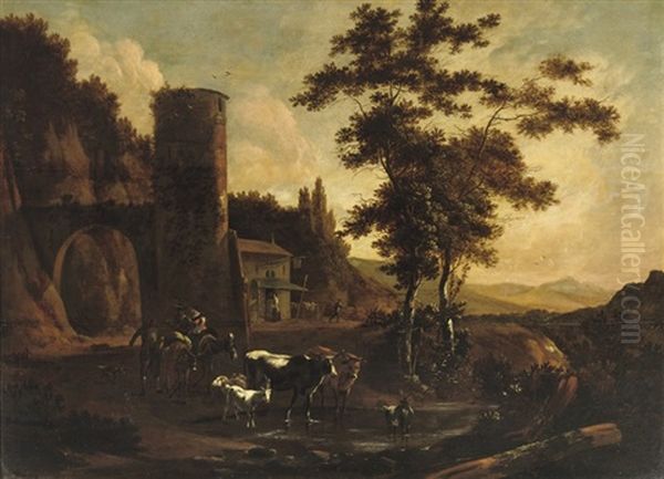 A Wooded Landscape With Peasants And Their Cattle, Goats And Sheep By A Tower Oil Painting by Willem Hendriksz Verboom