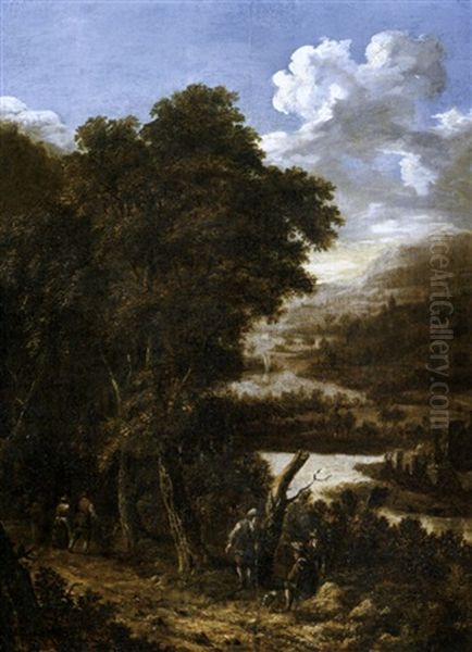 An Extensive Heavily Wooded River Landscape With Travelers Oil Painting by Willem Hendriksz Verboom