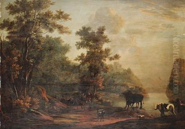 A Wooded Landscape With Travellers On A Path Beside A Lake Oil Painting by Willem Hendriksz Verboom