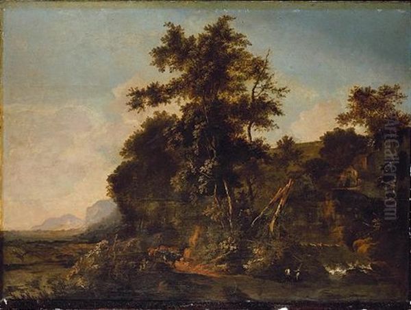 A Herdsman With Cattle In An Extensive Landscape Oil Painting by Willem Hendriksz Verboom