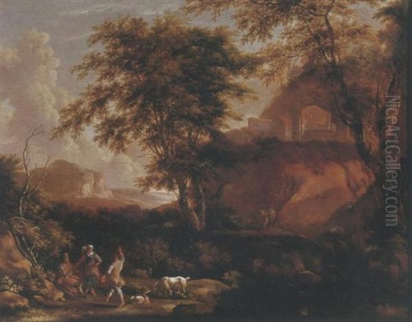 A Wooded Landscape With Shepherds, Sheep And A Goat Oil Painting by Willem Hendriksz Verboom