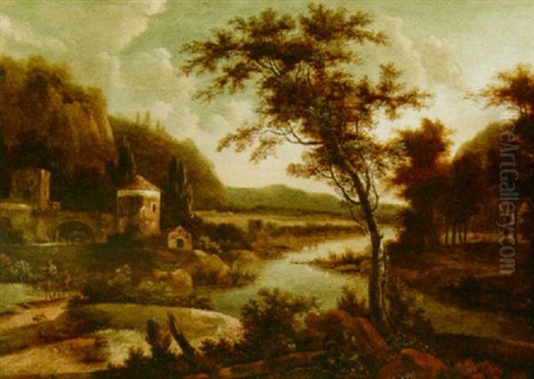 A Wooded River Landscape With Travellers On A Path Near Ruins Oil Painting by Willem Hendriksz Verboom