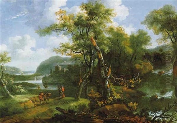 Gebirgige Waldlanschaft Mit Einem Wasserfall Und Reisenden Oil Painting by Willem Hendriksz Verboom