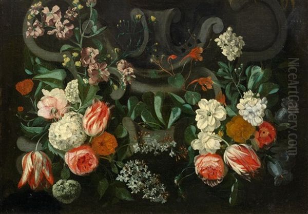 Arrangement Of Flowers Before A Stone Cartouche Oil Painting by Gaspar Pieter Verbrueggen the Elder