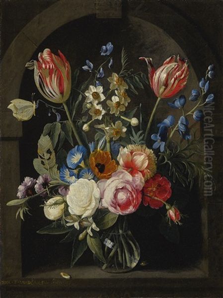 Still Life Of A Glass Vase Flowers In A Stone Niche With Tulips, Peonies, Narcissi And Other Flowers And A Butterfly Oil Painting by Gaspar Pieter Verbrueggen the Elder