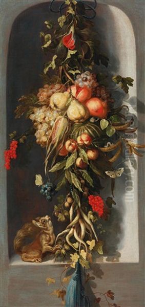 A Pair Of Flower And Fruit Still Lifes In Niches Oil Painting by Gaspar Pieter Verbrueggen the Elder