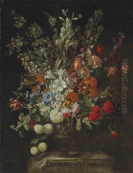 Lilies, Roses, Peonies, Tulips, Hydrangeas, Chrysanthemums And Other Flowers With Butterflies, In An Urn On A Stone Ledge Oil Painting by Gaspar Pieter Verbrueggen the Elder