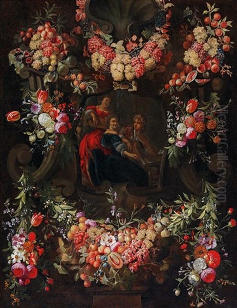 A Garland Of Flowers And Fruit Around A Cartouche Featuring Three Music-making Figures Oil Painting by Gaspar Pieter Verbrueggen the Elder