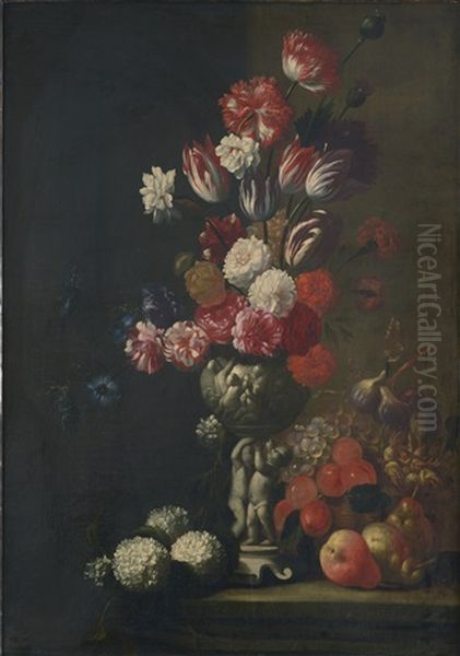 Still Life Of Tulips, Carnations And Other Flowers In A Vase Decorated With Putti, With A Basket Of Fruit, All On A Stone Ledge Oil Painting by Gaspar Pieter Verbrueggen the Elder