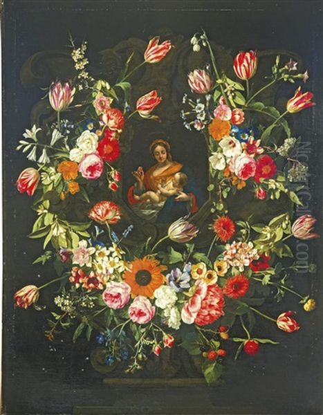 The Virgin And Child In A Stone Niche, Surrounded By Garlands Of Flowers Oil Painting by Gaspar Pieter Verbrueggen the Elder