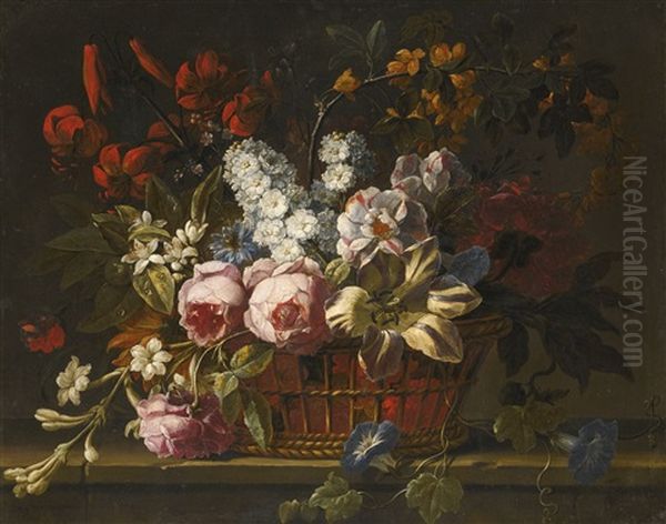 Still Life Of Pink Roses, Tulips, Hyacinths, Jasmine And Other Flowers Loosely Arranged In A Wicker Basket, All Upon A Stone Ledge Oil Painting by Gaspar Pieter Verbrueggen the Elder