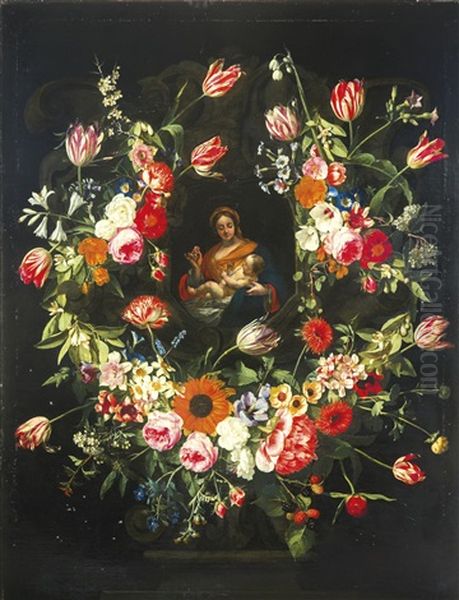 The Virgin And Child In A Stone Niche, Surrounded By Garlands Of Flowers Oil Painting by Gaspar Pieter Verbrueggen the Elder